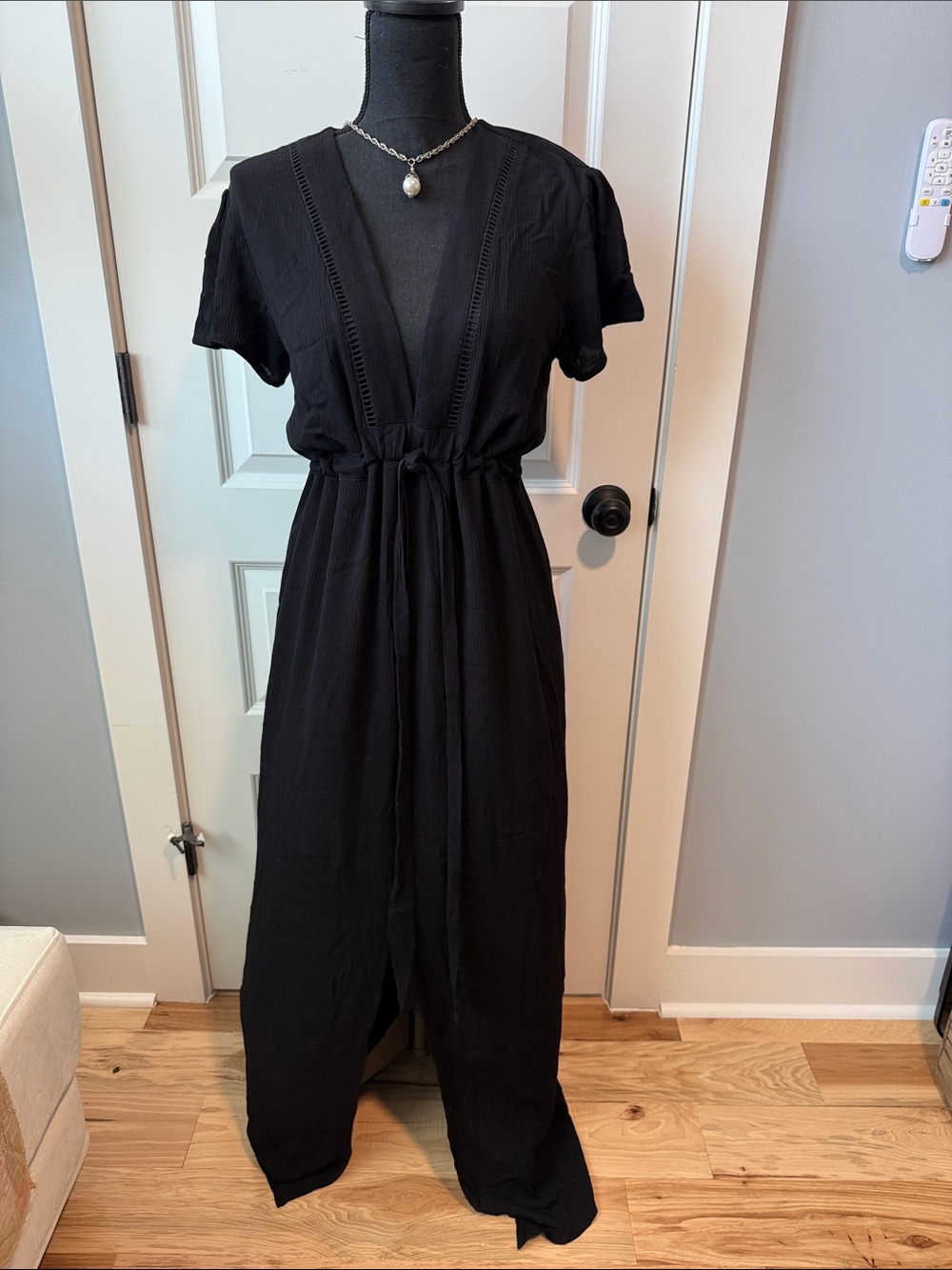Wayf Black Maxi Dress with V-Neck and Drawstring Waist